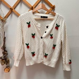 MAK Knit Cropped Cardigan with Crochet Cherry Motif - Size Large
